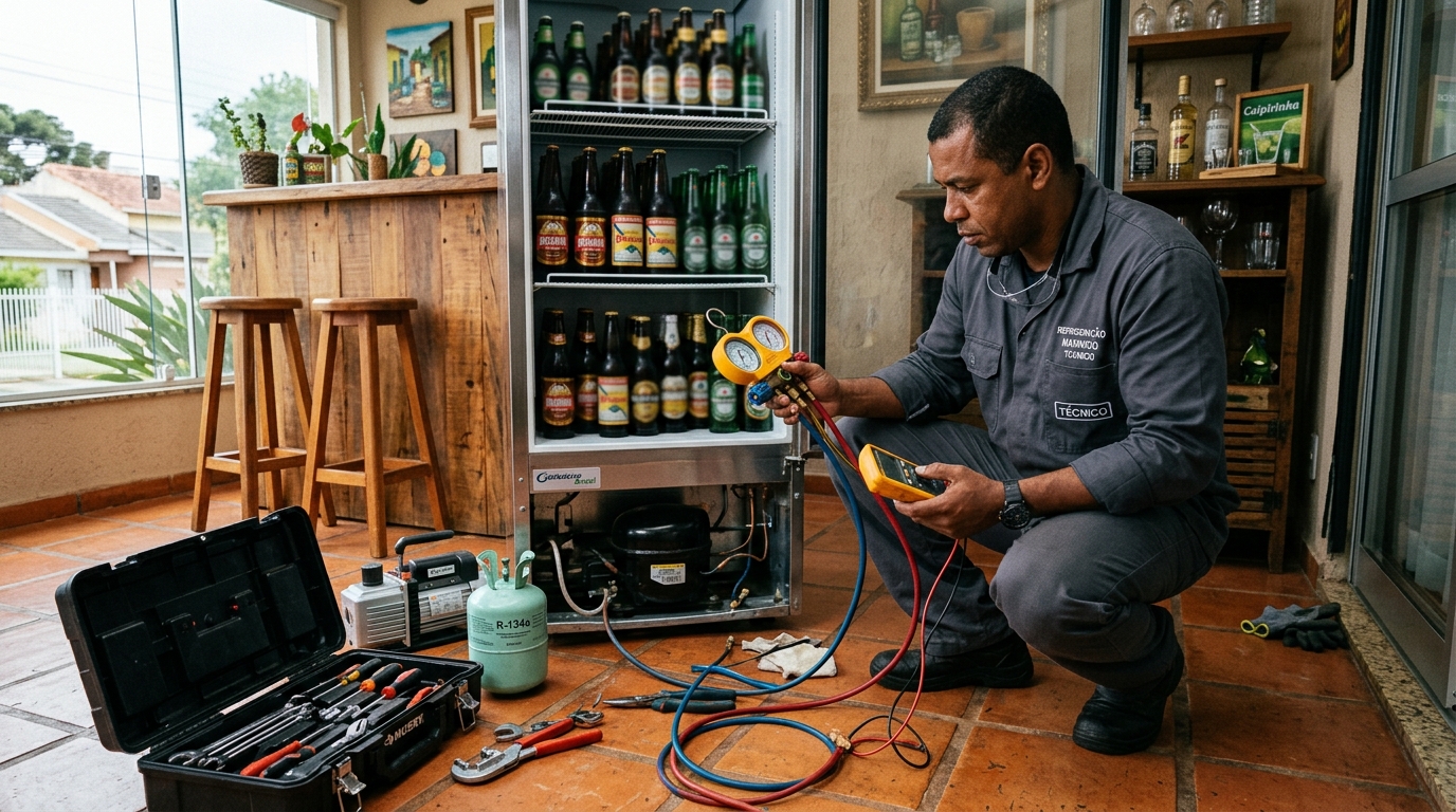 Profissional executando reparo no motor de cervejeira em Santa Maria‑RS