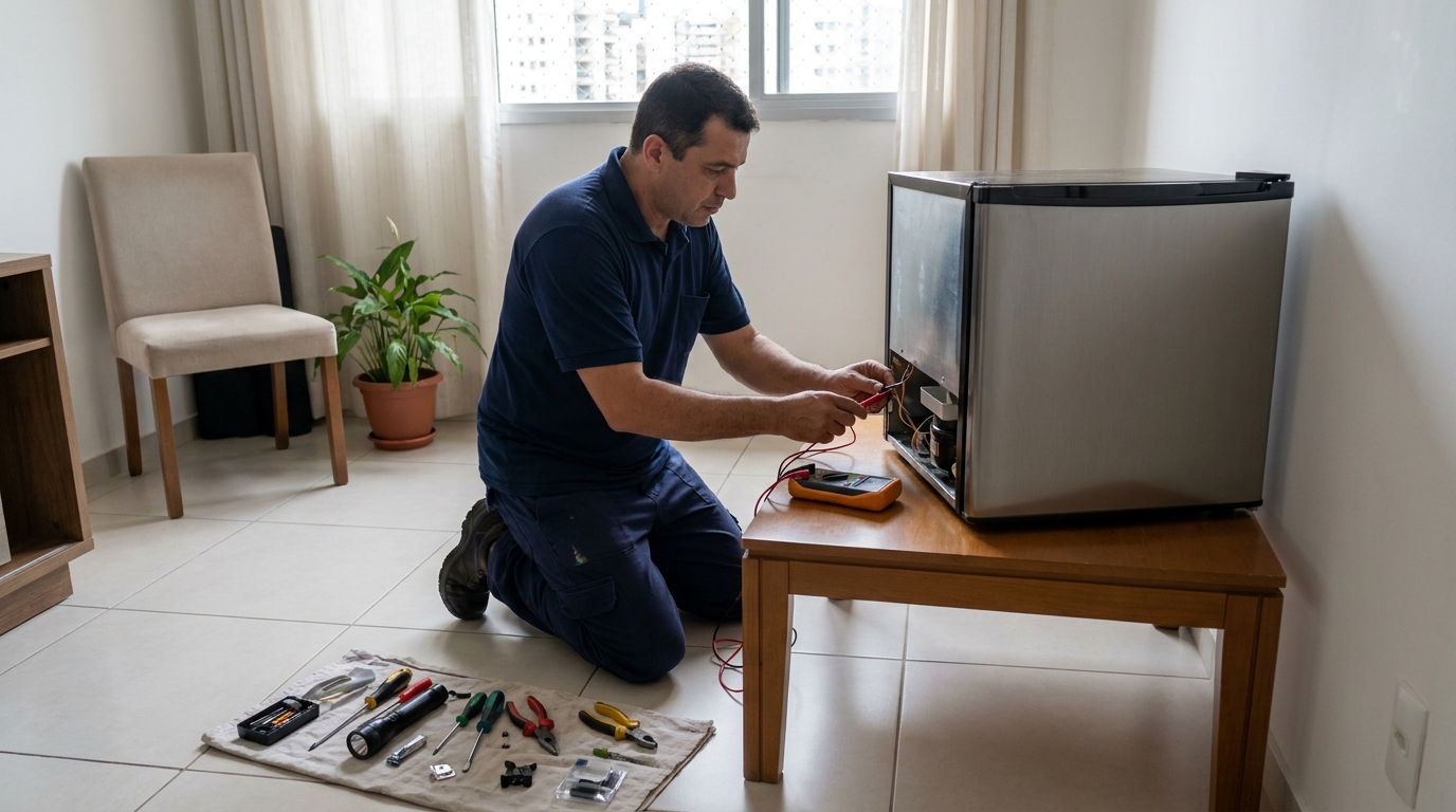 Técnico fazendo manutenção do motor de frigobar em Santa Maria‑RS