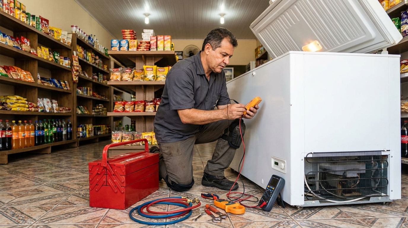 Recarga de gás refrigerante no freezer durante atendimento em Santa Maria‑RS