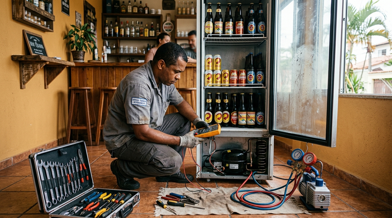 Substituição de termostato de cervejeira em serviço técnico em Santa Maria‑RS